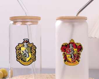 Hogwarts Glasbecher, personalisierter Name Harry Potter Glaskaffeetasse, gefrostete und klare Glastasse, Gryffindor / Slytherin / Hufflepuff / Ravenclaw
