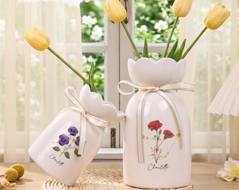 Personalized Name Birth Flowers Flowers Vase,Customized Stars Birth Flower Ceramic Vase,Best Mother's Day Gift,Mom&Grandma's Gifts