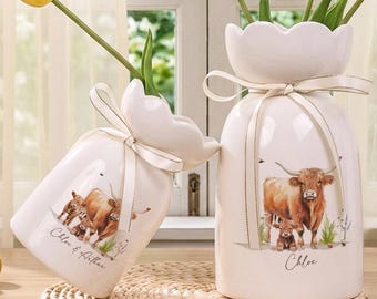 Personalized Name Highland Cow Flowers Vase,Customized Family Flower Ceramic Vase,Best Mother's Day Gift,Mom&Grandma's Gifts,Custom Gifts