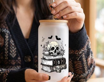 Skull Books Reader Glass Tumbler,Personalized Name Halloween Library Glass Coffee Cup with Straw,Frosted & Clear Glass Cup,Gift for Her