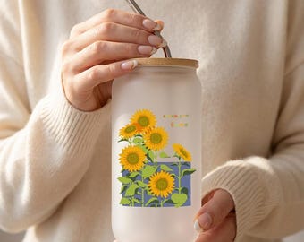 Hallo Sonnenblumen Glasbecher, personalisierte Name Sunny Sommer Glas Kaffeetasse, Frosted & Klarglas Tasse, Gelbe Blumen Tasse, Geschenk für Sie
