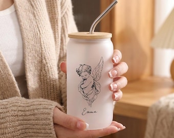 Engel-Baby-Glasbecher, personalisierte Name Cupid Glaskaffeetasse, gefrostete klare Glastasse, zum Gedenken an die Babytasse, Geschenk für Kinder