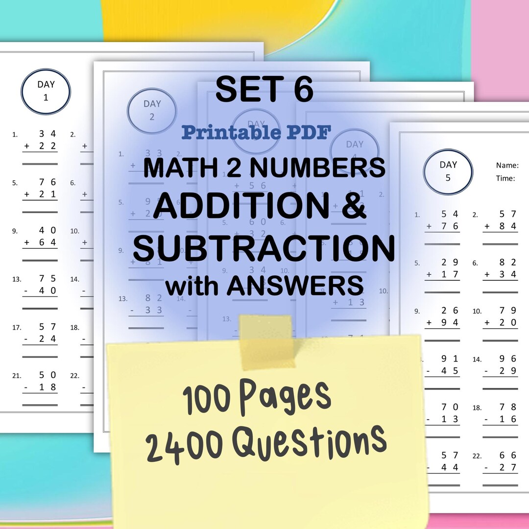 Addition & Subtraction Worksheets Set 6 100-page | Printable Math ...