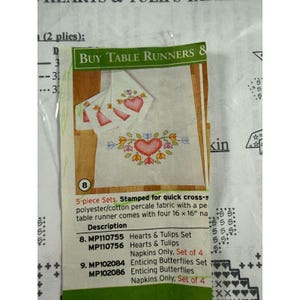 Herrschners 5 pcs. Cross Stitch Hearts And Tulips Table Runner/Napkins #11-0755 image 2