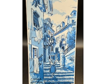 Lisboa Portugal Antiga Handpainted Ceramic Tile Signed Tino 7.75" x 4" - VTG