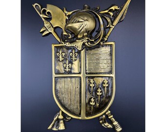 Vintage Cast Metal Medieval Knight Coat of Arms Shield Wall Plaque Brass Color