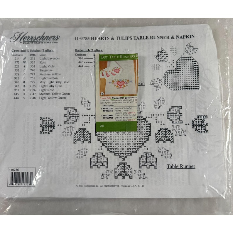 Herrschners 5 pcs. Cross Stitch Hearts And Tulips Table Runner/Napkins #11-0755 image 1