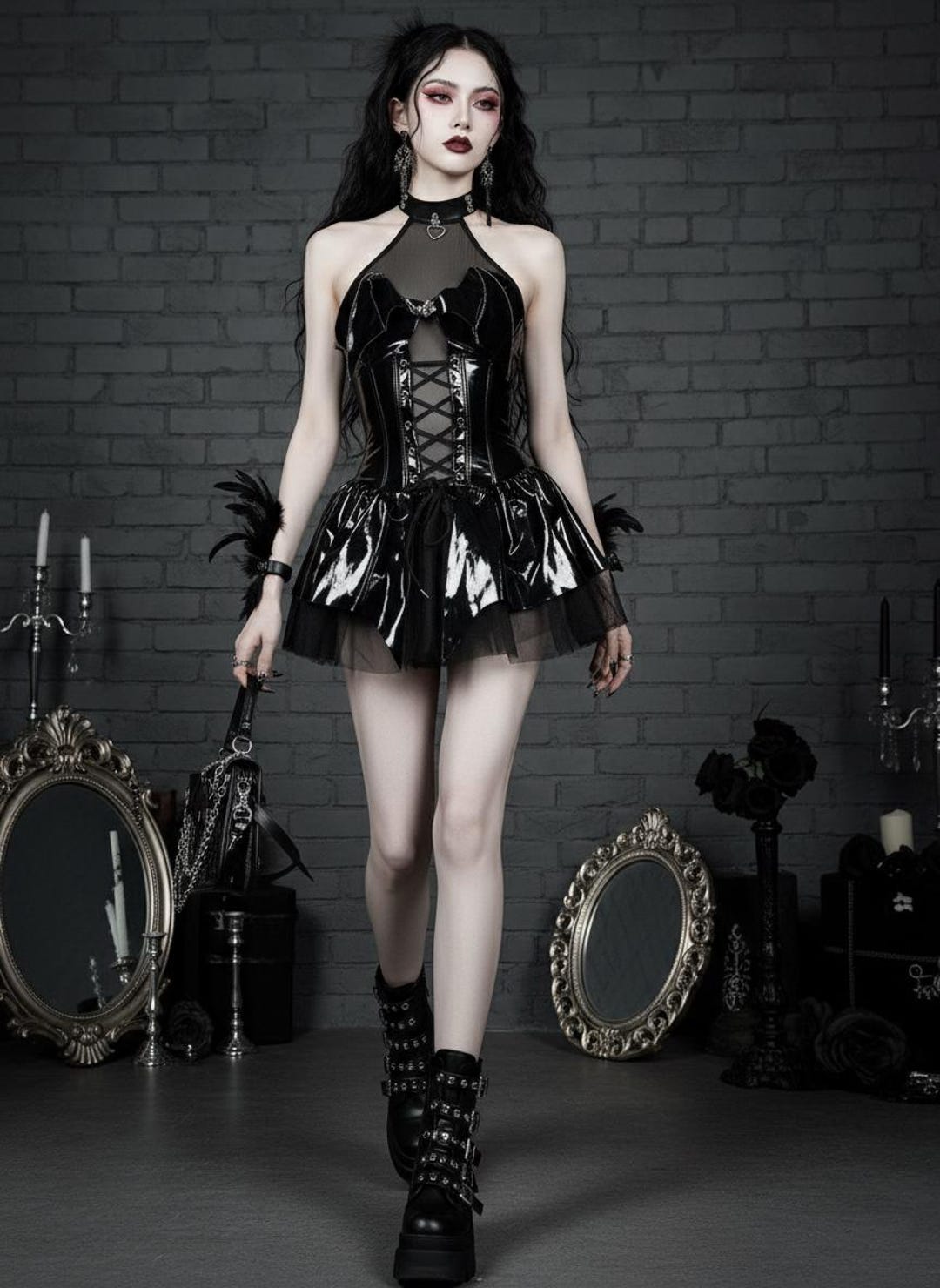Goth Mode Gothic Patent Leather Corset Dress, Shiny Vinyl Lace-up Mini Dress Alt ...