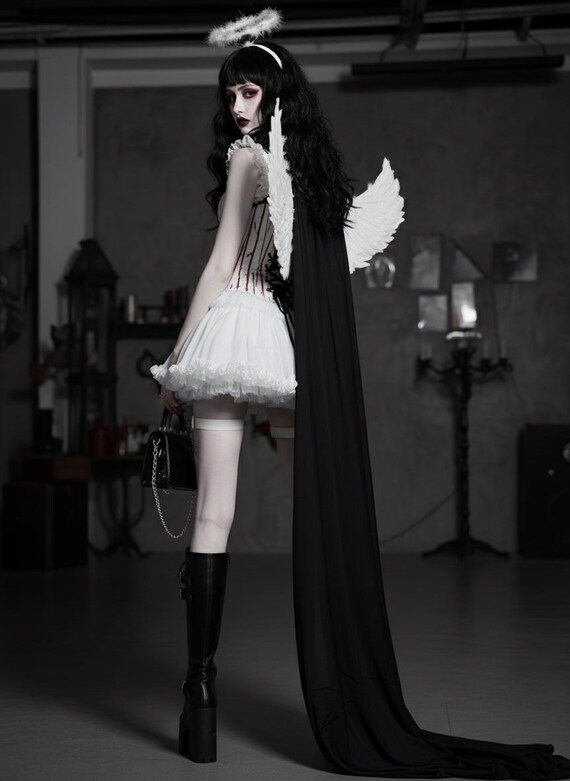 angel costume corset dress Gothic Fallen Angel Costume - Bloody White Corset Tutu Dress With Wings,  Dark Coquette Aesthetic Alt Clothing
