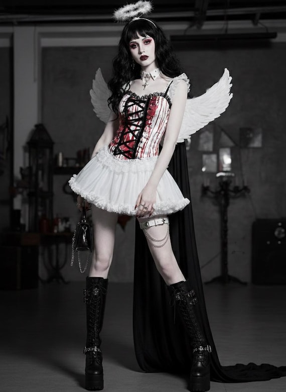 angel costume corset dress Gothic Fallen Angel Costume - Bloody White Corset Tutu Dress With Wings,  Dark Coquette Aesthetic Alt Clothing