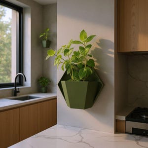 May include: A green, geometric wall planter with a plant inside, mounted on a light gray wall in a kitchen. The planter has a hexagonal shape. Additional small green planters are visible in the background. The kitchen has wooden cabinets and a marble countertop.