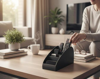 May include: A black remote control organizer on a wooden coffee table. The organizer holds several remote controls and a smartphone. A person is reaching for a remote. A cup of coffee and a plant are also on the table.