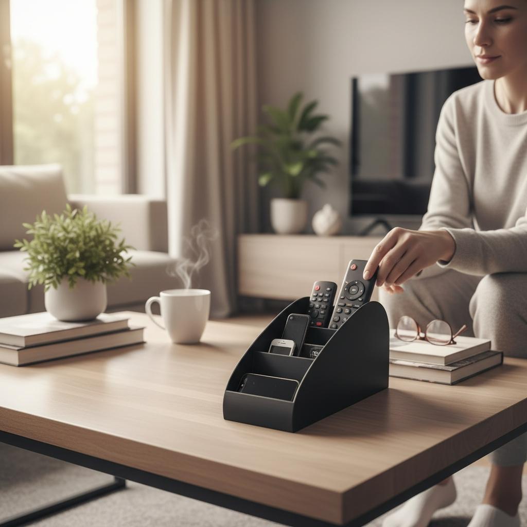 A dedicated remote control and accessory organizer for a living room