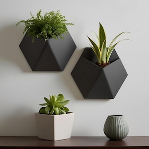 Puede incluir: Dos jardineras de pared geométricas negras mate con vegetación, y una maceta cuadrada blanca con una suculenta. También se ve un pequeño jarrón gris acanalado. Las jardineras están montadas en una pared blanca.