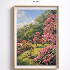 May include: A framed art print depicting a garden scene with vivid pink flowers and green foliage. The artwork shows a sunny day with a blue sky and various trees and plants. The text "BLACK CLOUD INK STUDIO" is at the top.