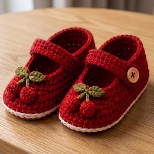 Gehäkelte Kirsch-Babyschuhe, handgefertigte Babyschuhe, Babyschuhe für Neugeborene, rote Häkel-Babyschuhe, Geschenk zur Babyparty, Babypantoffeln