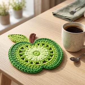 May include: A round, apple-shaped crochet coaster featuring a gradient of green yarn, a central floral-inspired pattern, and a small brown stem with a single green leaf attached to the top edge, crafted with thick, textured yarn stitches.