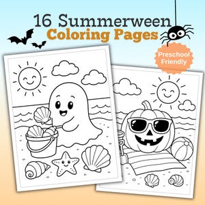 May include: A set of 16 Summerween Coloring Pages featuring black and white line art. One page shows a ghost with a bucket of seashells on a beach, and the other shows a jack-o'-lantern wearing sunglasses on a beach towel with a sun and clouds.