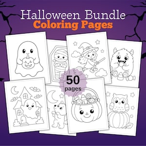 以下が含まれることがあります： 50ページの白黒線画を収録したハロウィンバンドル塗り絵セット。お化けとカボチャ、ミイラ、ほうきに乗った魔女、モンスター、お化け屋敷、オオカミ、お菓子バケツ、フクロウのイラストが含まれています。