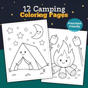 K&ouml;nnte beinhalten: Zwei Malvorlagen zum Thema Camping mit Illustrationen von Zelt, Mond, Sternen und Lagerfeuer. Der Text lautet "12 Camping Coloring Pages" und "Preschool Friendly". Die Bilder sind schwarze Strichzeichnungen auf wei&szlig;em Papier.