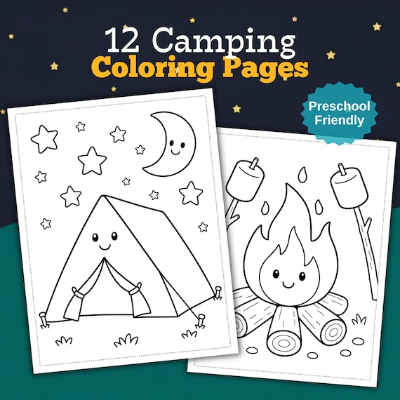 Camping Coloring Pages for Toddlers | Preschool Summer Activity Pack, 12 Designs (Printable PDF)