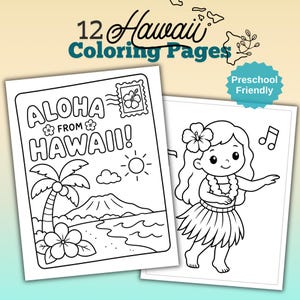 May include: Two coloring pages with a Hawaiian theme. One page says "Aloha from Hawaii!" with a palm tree, mountain, and ocean scene. The other page features a cartoon girl in a hula skirt. The text "12 Hawaii Coloring Pages" is at the top.