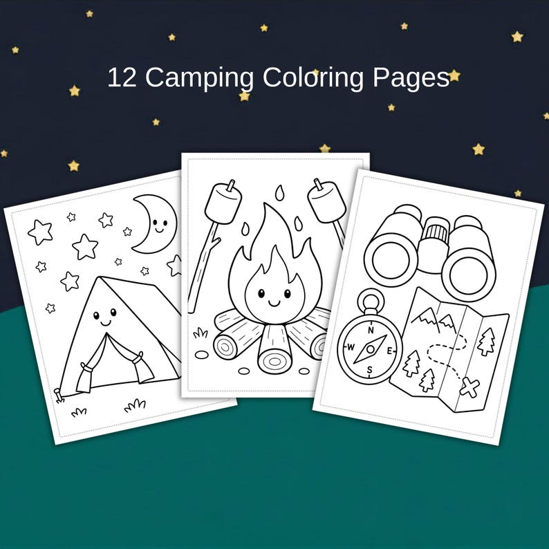 K&ouml;nnte beinhalten: Drei Malvorlagen zum Thema Camping mit schwarzen Strichzeichnungen. Die Seiten zeigen ein Zelt, ein Lagerfeuer mit Marshmallows und Campingausr&uuml;stung, darunter ein Fernglas, ein Kompass und eine Karte. Der Text "12 Camping Coloring Pages" steht oben.