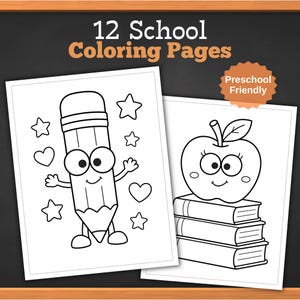 May include: A set of 12 school coloring pages featuring black and white line art. One page shows a cartoon pencil with stars and hearts, while another displays an apple resting on a stack of three books. The text reads 12 School Coloring Pages.