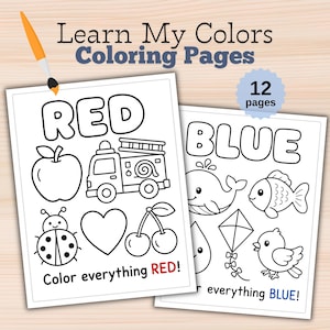 Puede incluir: Un conjunto de 12 páginas para colorear titulado Learn My Colors Coloring Pages. Una página presenta la palabra RED con una manzana, un camión de bomberos, una mariquita, un corazón y cerezas. Otra página presenta la palabra BLUE con una ballena, un pez, una cometa y un pájaro.