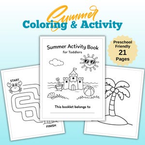 May include: A summer activity book for toddlers, featuring a sandcastle, sun with sunglasses, and beach ball on the cover. The book contains 21 pages of preschool-friendly activities. Additional pages show a maze and a palm tree.