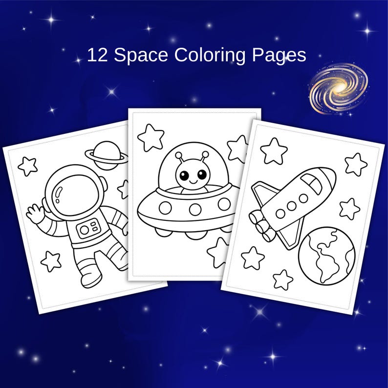 May include: Three white coloring pages with space-themed illustrations. One page features an astronaut, another an alien in a spaceship, and the third a rocket ship and planet. The text "12 Space Coloring Pages" is at the top.