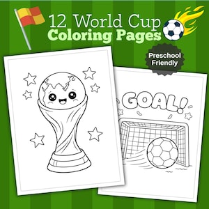 Op de afbeelding: Twee zwart-wit kleurplaten met voetbalthema's. Eén pagina toont een trofee met een wereldbol, omringd door sterren. De andere pagina toont een voetbal voor een doel met het woord "GOAL!". De tekst "12 World Cup Coloring Pages" staat bovenaan.