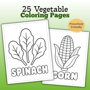 May include: A set of 25 vegetable colouring pages featuring black and white line art of spinach and corn with the text 25 Vegetable Colouring Pages and Preschool Friendly. Each page displays a vegetable illustration with its name in bold letters.