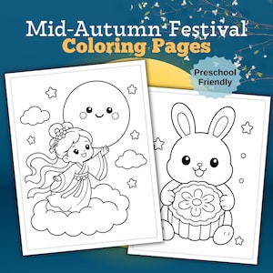 May include: Two printable coloring pages featuring Mid-Autumn Festival themes. One page shows a character on a cloud with a smiling moon, and the other shows a rabbit holding a mooncake. The text reads Mid-Autumn Festival Coloring Pages.