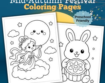 Mid-Autumn Festival Coloring Pages | Moon Rabbit, Chang'e, Mooncakes (Printable PDF)