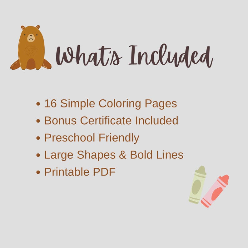 May include: A digital graphic with a brown bear illustration and the text What's Included. The list features 16 Simple Coloring Pages, Bonus Certificate Included, Preschool Friendly, Large Shapes & Bold Lines, and Printable PDF, with two crayons.