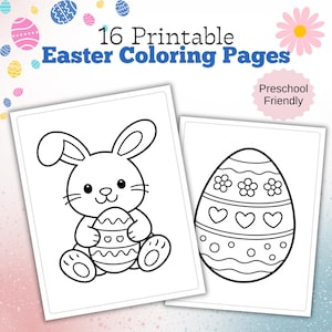 Può includere: Due pagine da colorare di Pasqua stampabili. Una pagina presenta un coniglietto che tiene un uovo di Pasqua e l'altra pagina mostra un uovo di Pasqua decorato. Il testo recita "16 pagine da colorare di Pasqua stampabili" e "Adatto ai bambini in età prescolare".