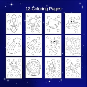 May include: Twelve space-themed coloring pages are displayed, each with a unique black and white illustration. Designs include rockets, astronauts, planets, and aliens. The text "12 Coloring Pages" is visible at the top of the image.