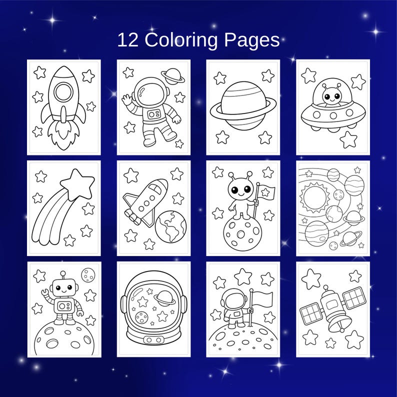 May include: Twelve space-themed coloring pages are displayed, each with a unique black and white illustration. Designs include rockets, astronauts, planets, and aliens. The text "12 Coloring Pages" is visible at the top of the image.
