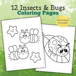 Puede incluir: Dos páginas para colorear blancas con dibujos de líneas negras de insectos y bichos. Una página muestra dos abejas y dos estrellas. La otra página muestra una mariquita sobre una hoja. El texto dice 12 Insects & Bugs Coloring Pages.