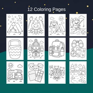K&ouml;nnte beinhalten: Ein Set von 12 Ausmalbildern im Camping-Design. Die schwarz-wei&szlig;en Illustrationen zeigen Zelte, Lagerfeuer und Tiere. Der Text "12 Coloring Pages" ist oben im Bild zu sehen. Ideal f&uuml;r Kinderaktivit&auml;ten.