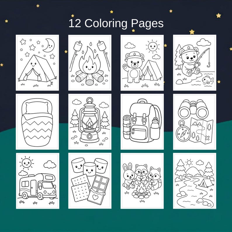 K&ouml;nnte beinhalten: Ein Set von 12 Ausmalbildern im Camping-Design. Die schwarz-wei&szlig;en Illustrationen zeigen Zelte, Lagerfeuer und Tiere. Der Text "12 Coloring Pages" ist oben im Bild zu sehen. Ideal f&uuml;r Kinderaktivit&auml;ten.