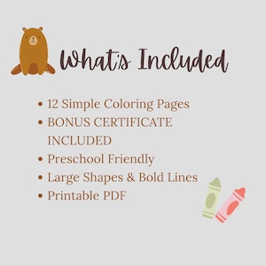May include: A digital graphic listing the contents of a product, including coloring pages and a bonus certificate. The image features a cartoon bear, crayons, and the text "What's Included".