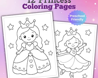 Prinsessenkleurplaten voor kinderen | Peuteractiviteit, 12 ontwerpen (afdrukbare pdf)