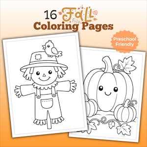 May include: A set of 16 fall coloring pages featuring black and white line art of a scarecrow with a bird on its hat and pumpkins with leaves. The text reads 16 Fall Coloring Pages and Preschool Friendly. The designs are simple and clear.