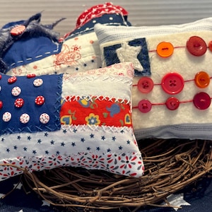 Patriotic 4th of July Bowl Fillers Set of 3 Flag USA Red White Blue Home Decor Hand Embroidered Buttons Shabby Chic Rustic Farmhouse