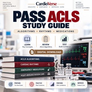 May include: A CardioVerse Pass ACLS Study Guide digital download featuring a stack of four books labeled ACLS Algorithms, Cardiac Rhythms, Emergency Medications, and Post-Resuscitation Care, alongside medical vials and a heart rate monitor.