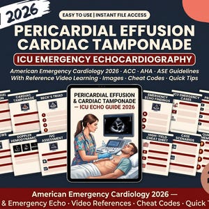 Könnte beinhalten: Ein digitaler Leitfaden mit dem Titel Pericardial Effusion Cardiac Tamponade ICU Emergency Echocardiography 2026. Das Cover zeigt eine Illustration einer medizinischen Fachkraft bei einer Ultraschalluntersuchung, umgeben von 49+ PDF-Seiten.