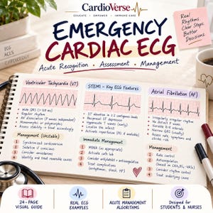 May include: A spiral-bound educational guide titled Emergency Cardiac ECG with sections on Ventricular Tachycardia, STEMI, and Atrial Fibrillation. The pages feature medical diagrams, ECG rhythm strips, and management algorithms for clinical use.