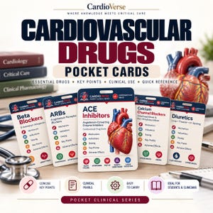 May include: A set of CardioVerse pocket clinical cards for cardiovascular drugs, featuring detailed medical information, anatomical heart illustrations, and categorized sections for beta blockers, ARBs, ACE inhibitors, calcium channel blockers, and diuretics.